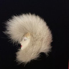 Vintage 1980’s Art Deco Style Lady Profile Brooch Fur Mohawk White Face Eyeliner