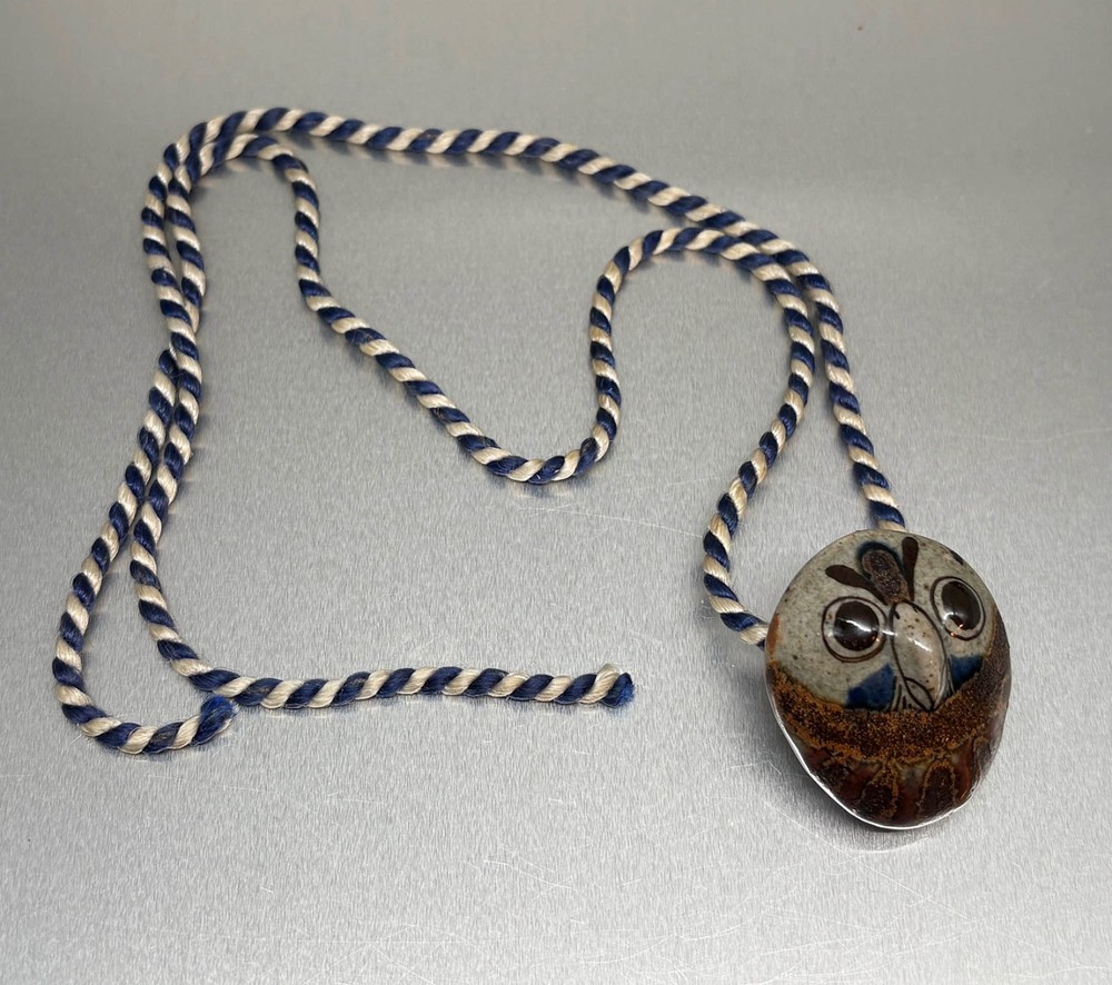 Vtg Signed JORGE WILMOT Mexican Folk Art Pottery OWL BEAD PENDANT NECKLACE 1970s