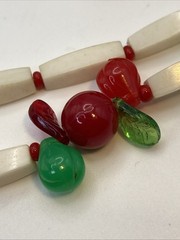 Fun! Red & White Plastic Fruit Salad 34″ Necklace W Dangle Clip Earrings Germany