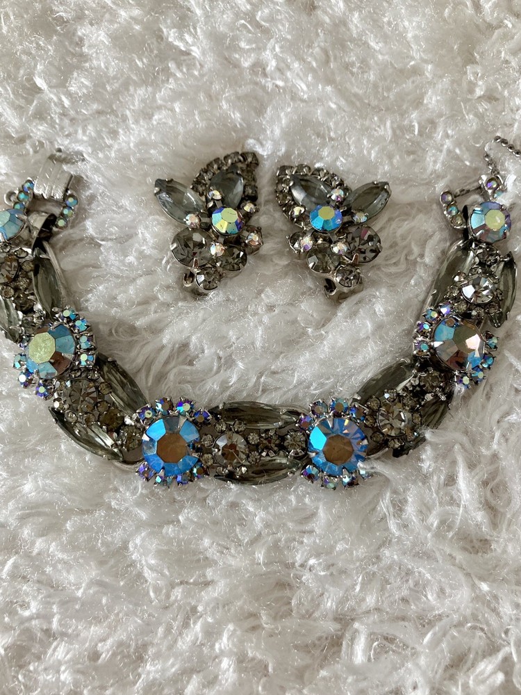 DAZZLING! JULIANA Smoky Gray Rhinestone Navette AB Headlight Bracelet Earrings!!