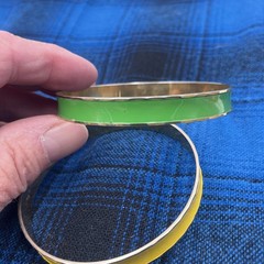 Set of 2 Vintage Bangle Bracelets Gold Tone Metal Yellow & Lime Green Enamel