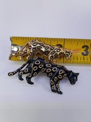 Signed Jackie Collins Leopard Panther Brooch Pair Black Gold Enamel Green Eyes
