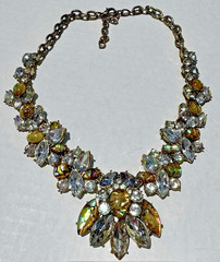 Runway Rhinestone Bib Necklace Iridescent Shell Cabochon Statement