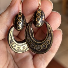 Pique Antique Victorian Dangle 14 Kt Gold and Silver Inlay Earrings