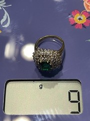 Vintage JBK Simulated Emerald Statement Ring Gold Plated Sterling Silver Size 9