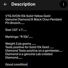 VTG AVON 10k Solid Yellow Gold Genuine Diamond & Onyx Pendant Pin Brooch 2.66gr