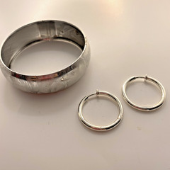 3pc VTG Brushed Silver Bangle 8” Silver Tone Push Clip On Hoop Earrings