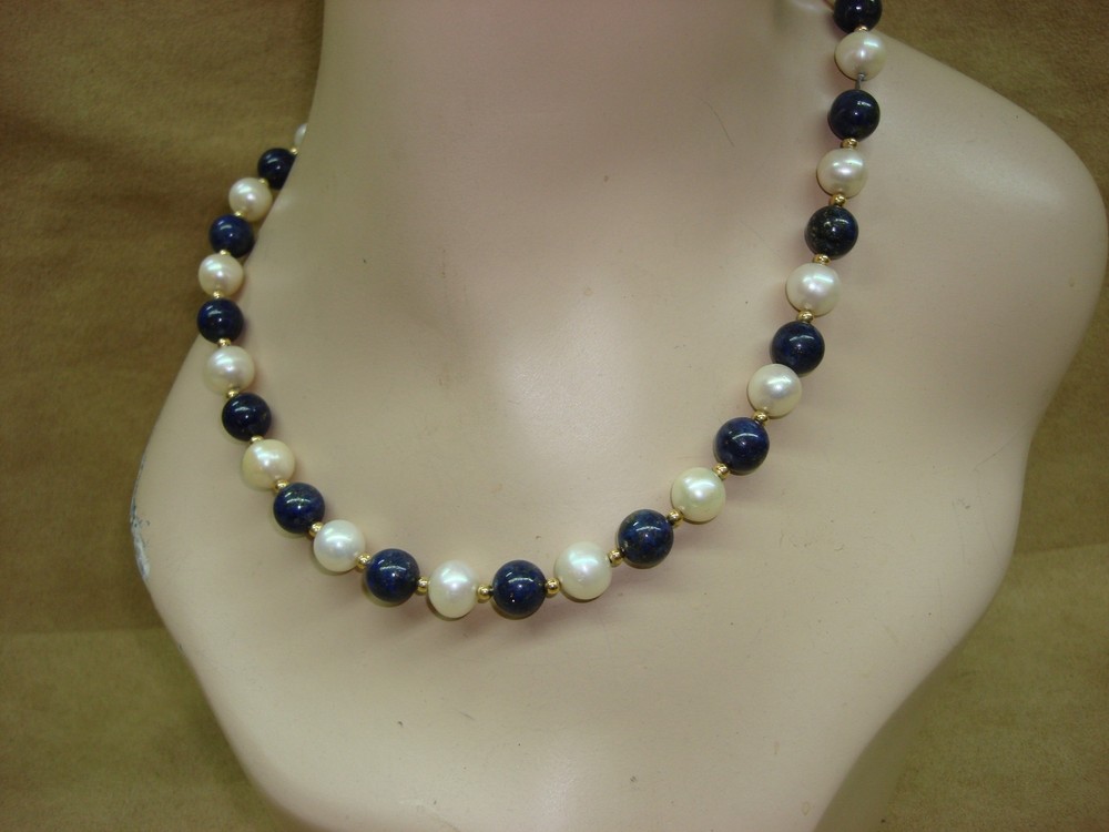 VINTAGE 14K GOLD LAPIS LAZULLI BEAD & CULTURED PEARL NECKLACE!18 1/2″ ESTATE
