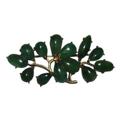 Victorian Gold Gilt Carved Emerald Cabochon Pin