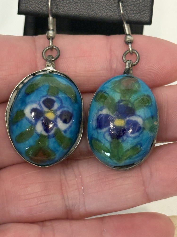 Old Rostov Finift (?) Silver & Hand Painted Domed Porcelain Dangle Earrings