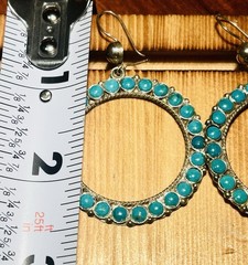Vintage Marked Mexico Sterling Hoop Dangle Earrings Studded With Turquoise 8.8 G