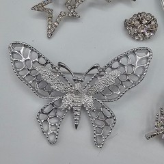 Vtg Silver Tone Brooch Pin Lot Butterfly Stars Heart Feather Rhinestone Sparkle