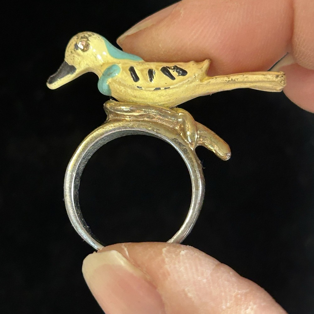 Vintage Bird Ring Enamel Figural Yellow Blue Novelty Size 6.75 Cottagecore