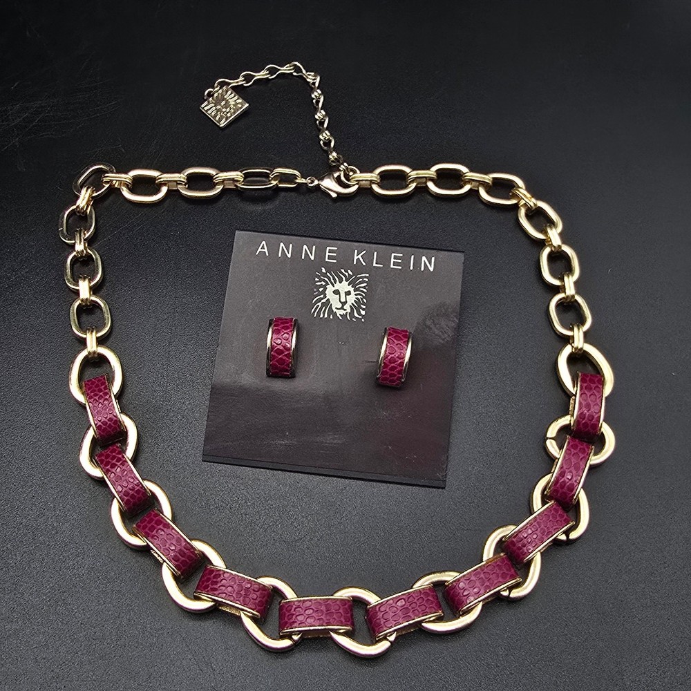 Anne Klein Gold Tone Pink Faux Snake Skin Necklace Earrings Set