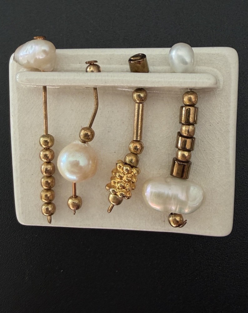 Artisan Ceramic Brooch with Dangling Freshwater Baroque Pearls Gold Beads Vtg