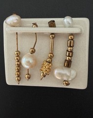 Artisan Ceramic Brooch with Dangling Freshwater Baroque Pearls Gold Beads Vtg
