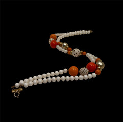 Vintage Double Strand Orange, White & Gold Beaded Necklace 17.5” Long