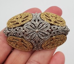 VTG Art Deco Style Brooch 2.5in Two Tone Filigree Domed Openwork Heavy 3D Estate