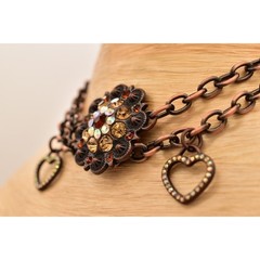 Vintage Crystal Choker Necklace Crystal Heart Flower Charm Copper Tone Y2K BinBE
