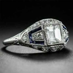 Art Deco 1.8Ct Princess Lab Created Diamond & Sapphire 925 Silver Wedding Ring