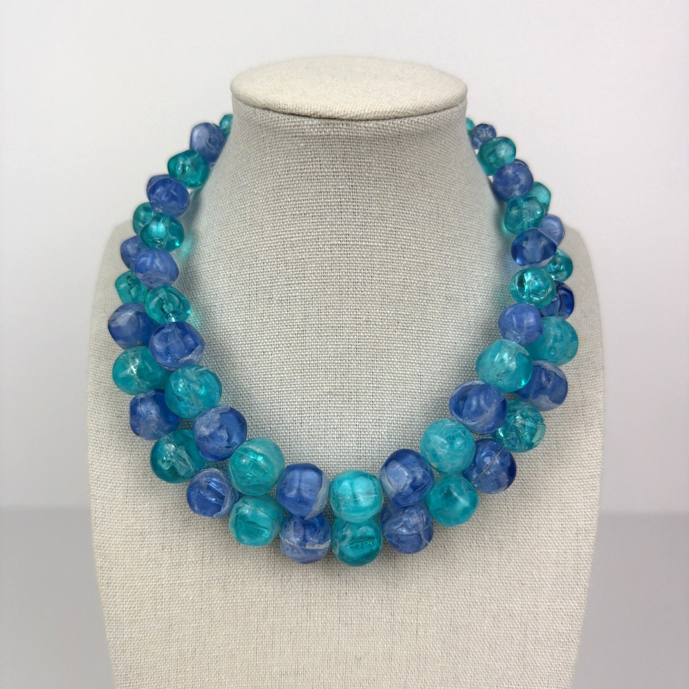 Vintage 1950s Mid-Century Blue Lucite Moonglow Double Strand Beaded Necklace