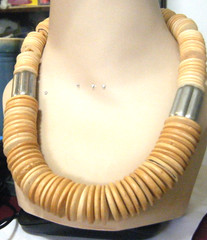 Vtg 70s Necklace Wooden Disc Beaded Boho Style w 2 metallic cylinder spacers