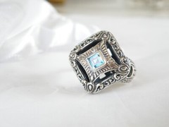Sterling Silver 925 Heated Blue Topaz Etruscan Style Ring Size 9