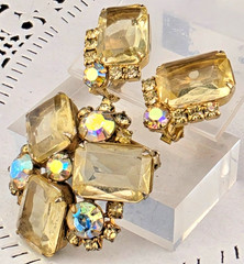 Vintage Light Yellow Open Back Rhinestone Flower Brooch Pin Clip Earrings Set