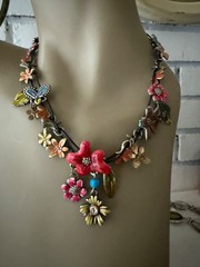 ESTATE LEATHER CORD MULTI COLOR ENAMEL FLOWERS CHARM NECKLACE SILVER TONE SIGNED