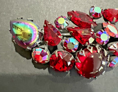VTG. REGENCY RED & AURORA BOREALIS CABOCHON and RHINESTONE BROOCH & EARRING SET