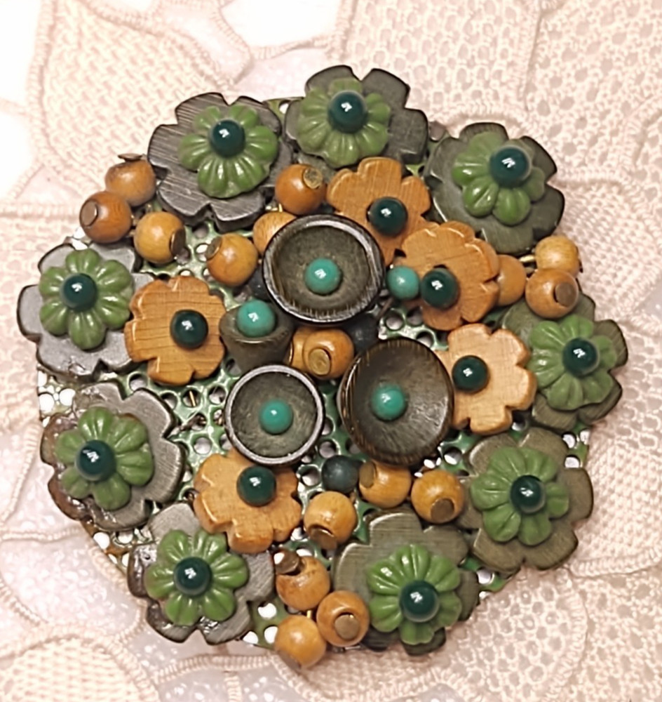 Vintage Signed Czech Wired Wooden Glass Flower Beads Brooch Earthy Tone