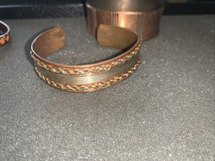 Vintage Brass Copper Bangle Bracelets Ethnic Boho Leather Inlay Lot of 4