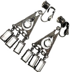 Vintage Art Deco Style Rhinestone Glass Dangle Silver Tone Clip On Earrings 2″