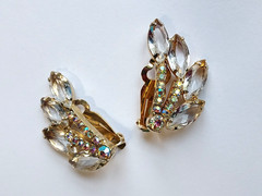 Juliana Crystal Earrings Rhinestone Aurora Borealis Climber Clip On MCM Vintage