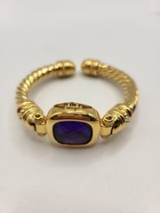 Vtg JOAN RIVERS Clamper Bangle Bracelet Goldplate Rope Design Purple Glass Stone