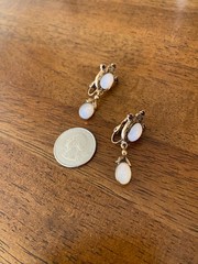 Victorian Opaline Glass Cabochon Clip-On Earrings 1.5″ Long Dangles Gold Tone