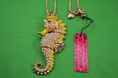 Vintage Betsey Johnson Signed Sea Horse 3″ Pendant Charm W/ Necklace,Yellow,M9