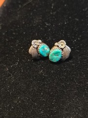 Vintage Turquois Earrings With Flower With Leaf Motif Signed ALV Anna Valencia