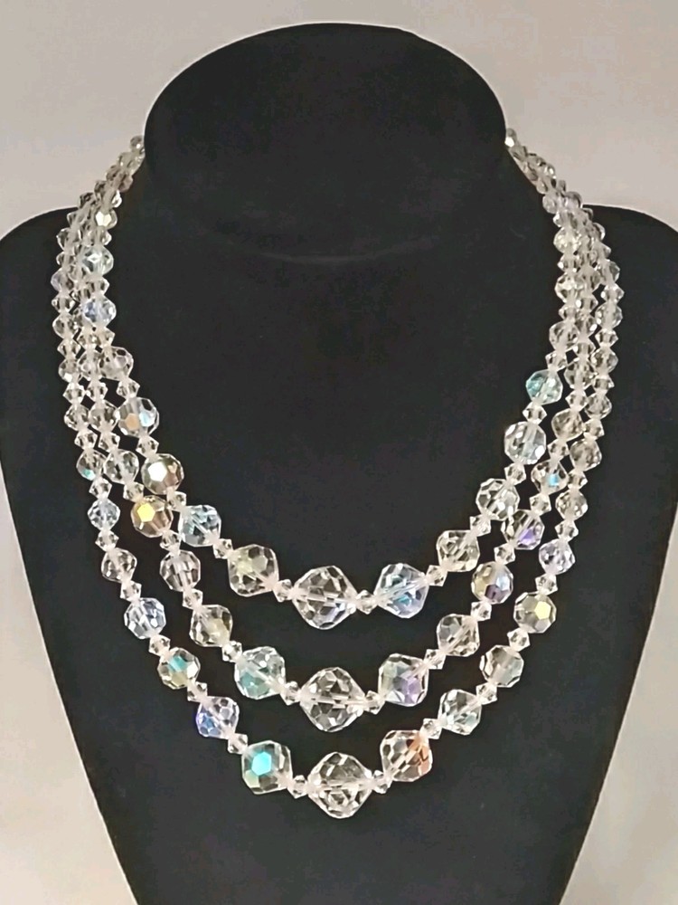 Vintage Crystal AB Glass Clear Iridescent Bead Necklace 3 Strand Collar Bib