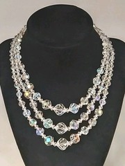 Vintage Crystal AB Glass Clear Iridescent Bead Necklace 3 Strand Collar Bib