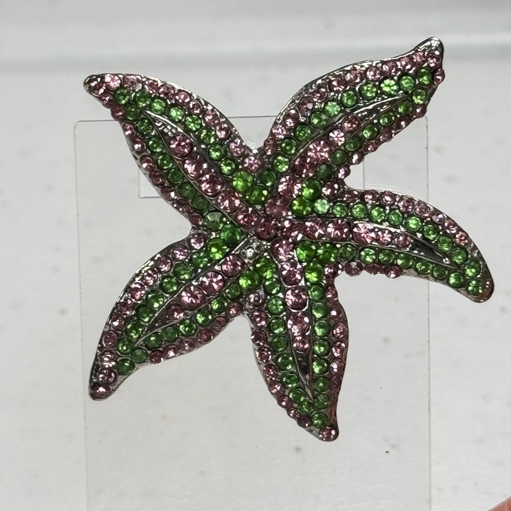 Vintage Brooch Starfish Pink & Green Rhinestone Figural Beach Ocean Pin