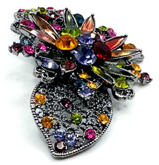 Dark Silver Tone & Multicolor Rhinestones Brooch Vintage