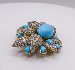 Jomaz Mazer Blue & White Rhinestone Gold Flower 2″ Brooch Pin Signed HTF