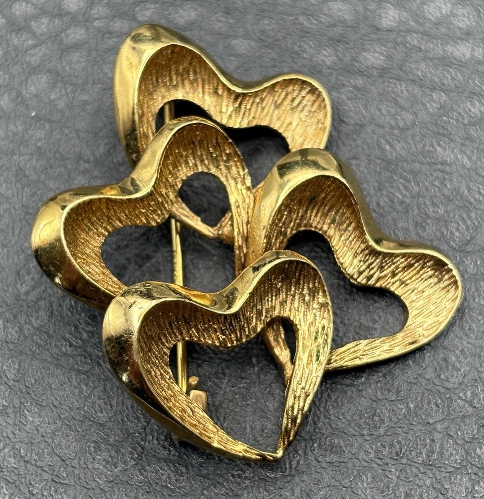 Vintage Rolled Gold Plate Triple Interlocking Hearts Brooch Pin Modernist