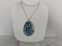 Vintage Enamel on Copper Turquoise Pendant Necklace, Mid Century Modern, 2.5″