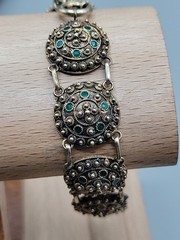 Antique Dutch 833 Silver Filigree Bracelet Green Glass Art Deco S-Hertogenbosch
