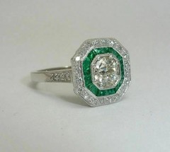 Art Deco Round Lab-Created Diamond & Emerald Halo Wedding White Gold Finish Ring