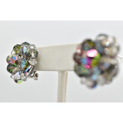 Laguna Vintage Clip On Crystal Earrings Gray Chrome AB Cluster Signed 1950s 9C