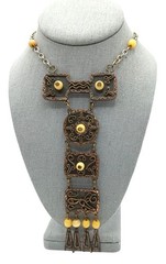 Vintage Mexican Necklace Modernist Articulating Panels Yellow Stones Mixed Metal
