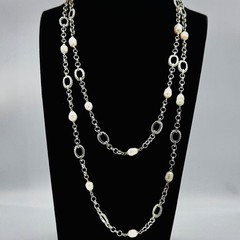 Vintage Baroque Pearl Opera Length Necklace Silver Tone Station Chain 45 in 50g